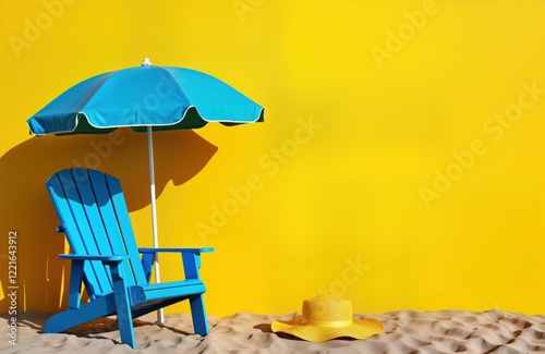 Blue beach chair, blue umbrella on light yellow sand. Bright yellow wall. Stylish summer vacation scene. Relaxing tropical beach setting. Beach vacation concept. Empty chair, hat on sand. Sunny day