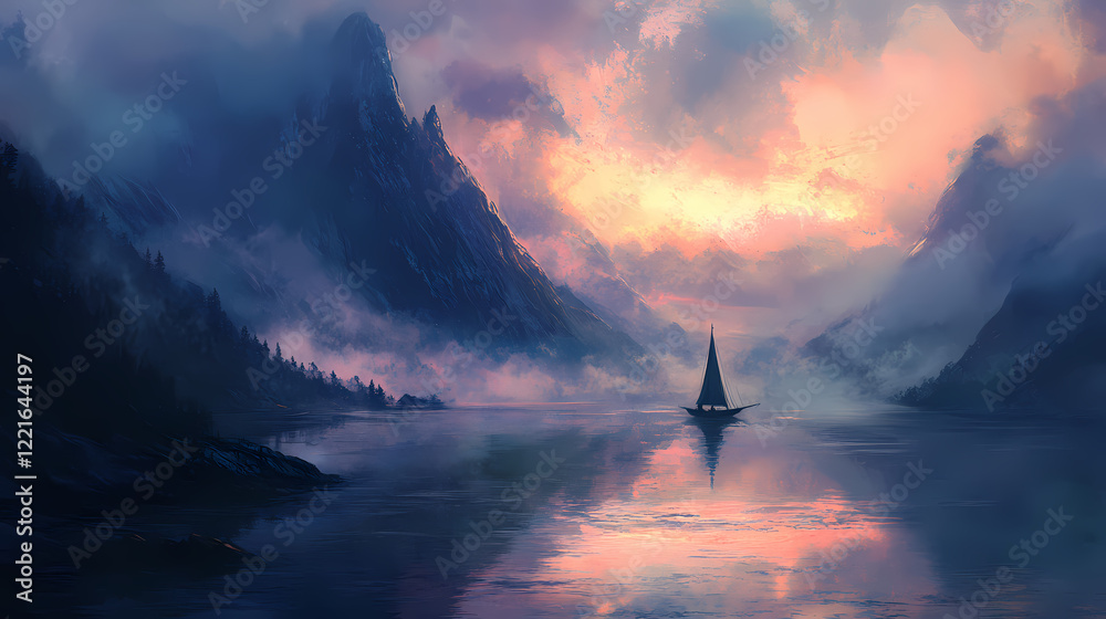 Fototapeta premium A fjord at dawn with low-lying fog hovering over its glassy water, creating a mystical atmosphere. Mystic Fjord. Illustration