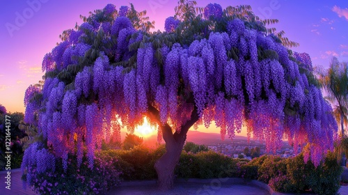 Vibrant sunset behind majestic blooming wisteria tree in full bloom
