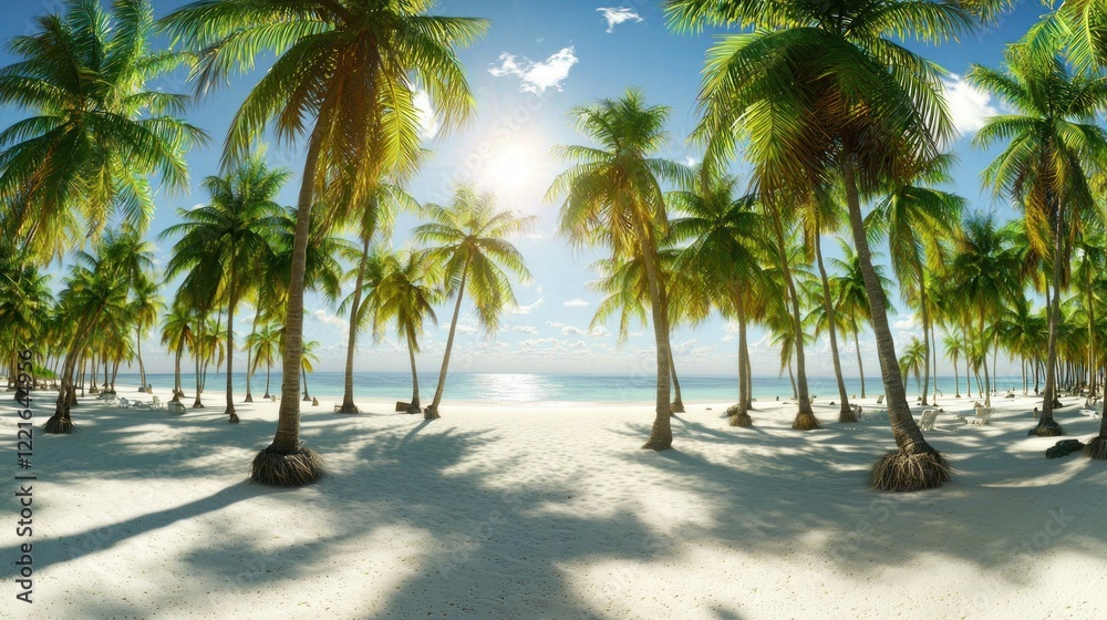 Tropical beach paradise, sunny day, palm trees, ocean view, vacation Tropical beach paradise, sunny day, palm trees, ocean view, vacation
