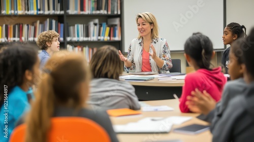 A woman teacher leading a discussion with a diverse group of students in a modern classroom