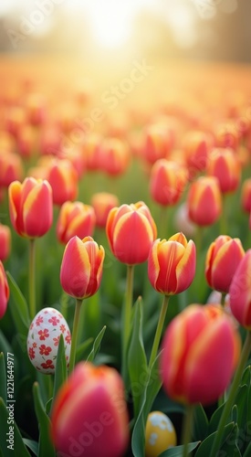Many different colored eggs in a field of flowers