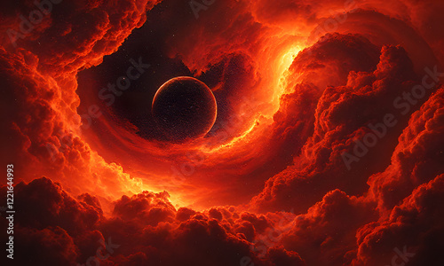 The fiery nebula glows amidst dark space clouds and stars, ideal for science fiction book cover or astronomy website background