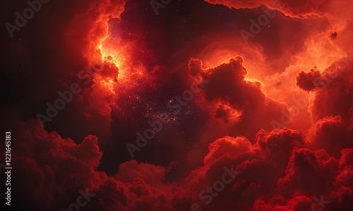 The fiery nebula glows amidst dark space clouds and stars, ideal for science fiction book cover or astronomy website background