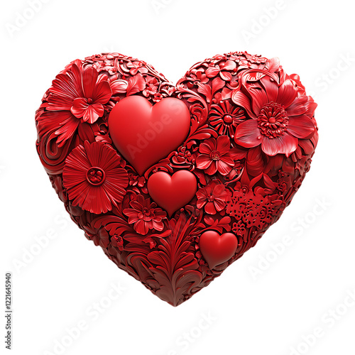 PNG Intricate Red Heart 3D Render, A Symbol of Love and Passion Against Transparent Background photo