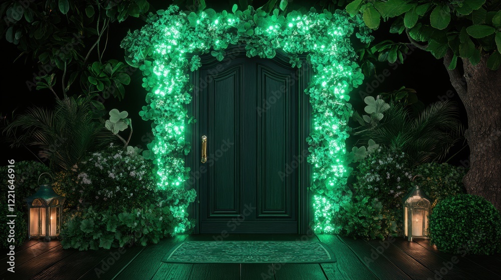 Magical garden doorway illuminated by enchanting green lights at night