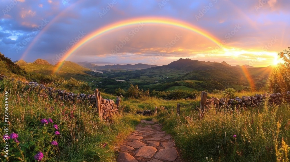 Obraz premium Breathtaking rainbow arching over lush green landscape at sunset