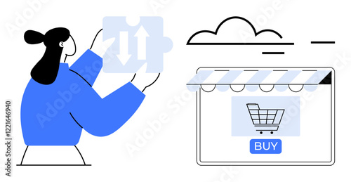 Person holding puzzle piece with arrows facing online store window displaying shopping cart and buy button. Ideal for e-commerce, online shopping, retail, digital solutions, user experience