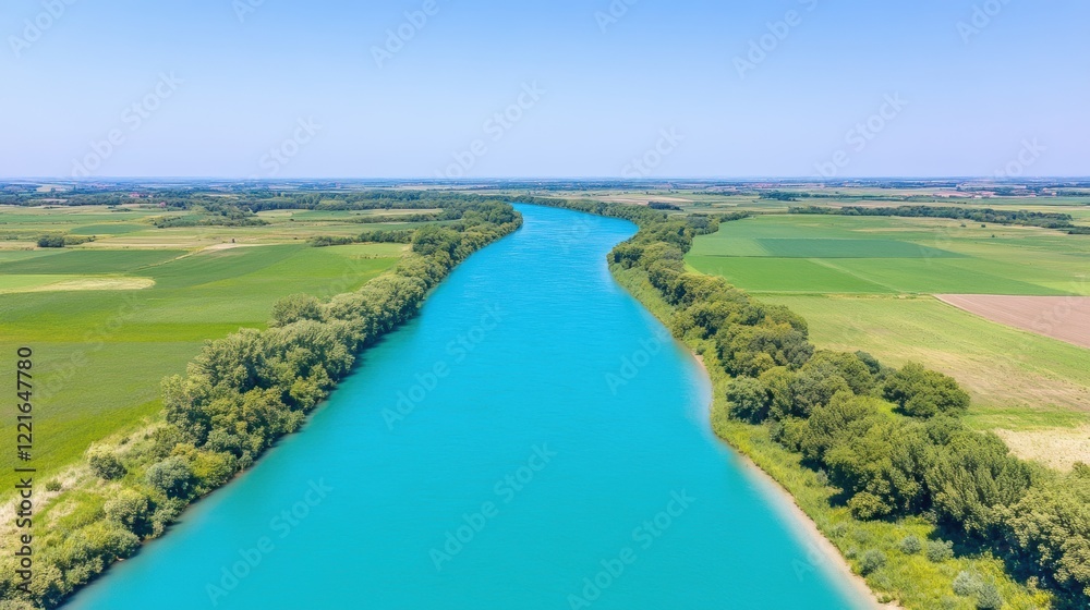 Fototapeta premium Aerial view of serene river flowing through lush agricultural landscape