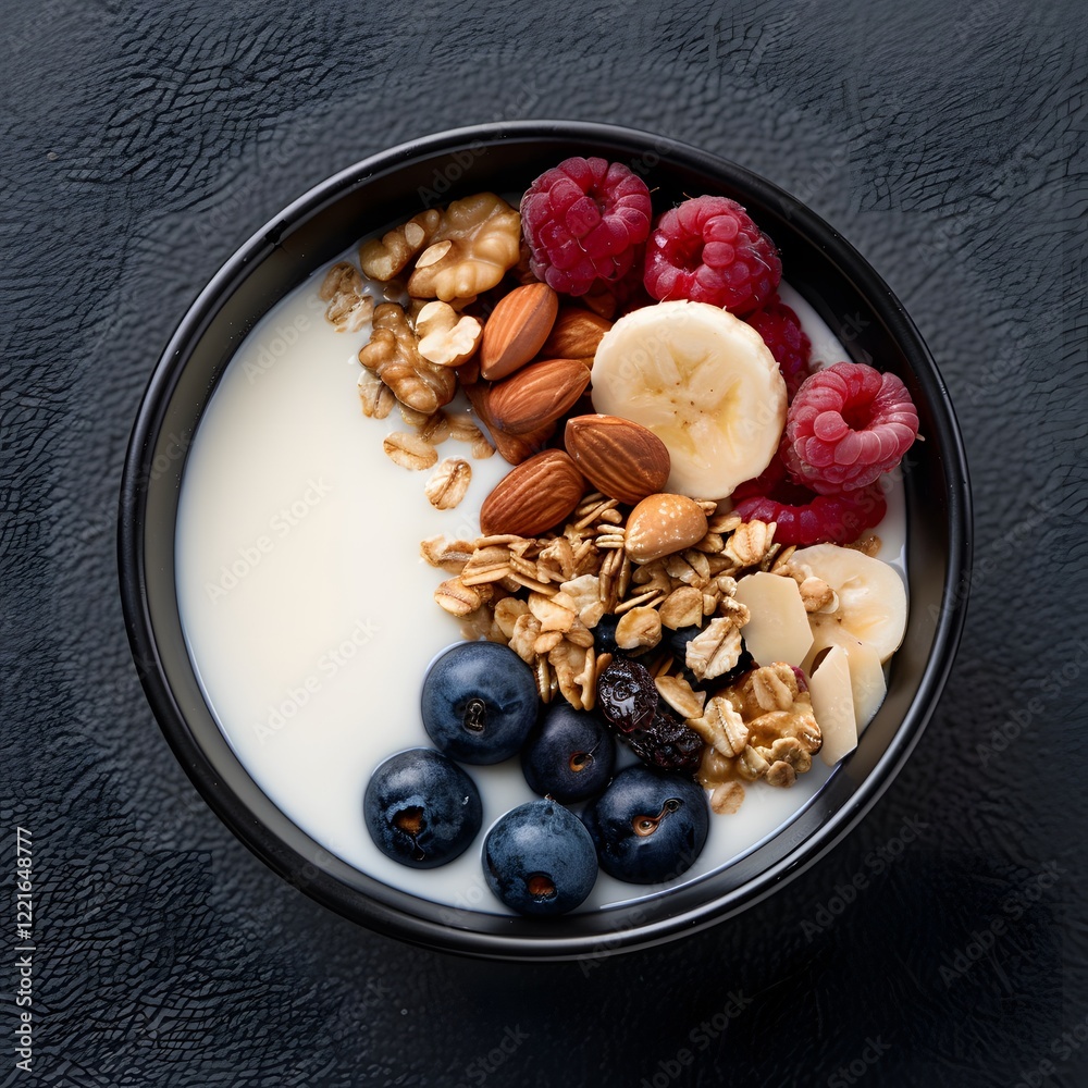 Fototapeta premium Healthy yogurt parfait with berries, nuts, and granola, overhead shot on dark background, for breakfast food blog
