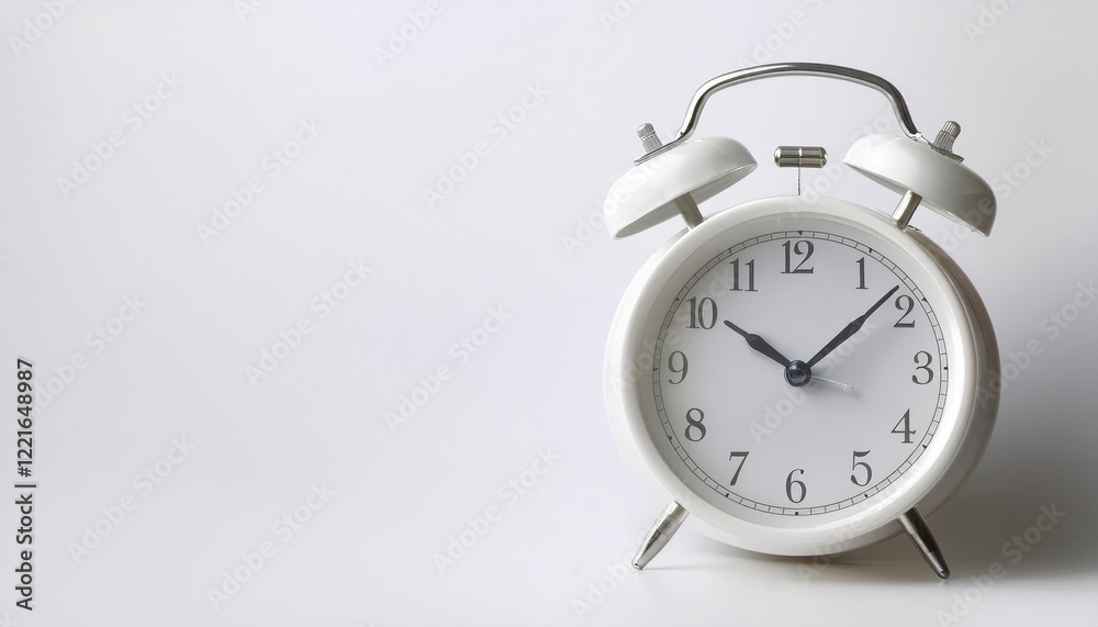 Classic Alarm Clock Resting Peacefully in a Minimalist Setting on a Bright White Canvas Classic Alarm Clock Resting Peacefully in a Minimalist Setting on a Bright White Canvas
