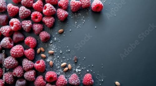 A close up of a pile of raspberries with some nuts