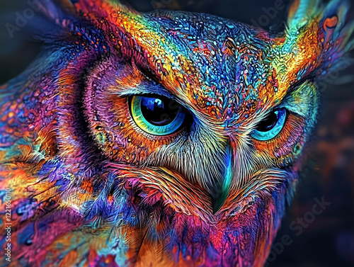 A DMT art of owl illustration with vibrant colorful patterns and mesmerizing eyes showcasing artistic creativity imagination and modern design perfect for unique art and digital graphic projects
  photo