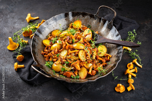 Authentically fried chanterelles with fried potato and onion rings served as close-up in a frying pan on a rustic black board photo