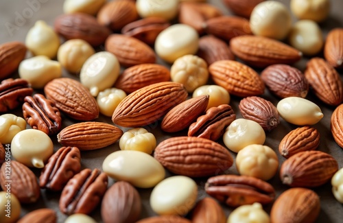 Close-up view of mixed nuts. Variety of nuts like almonds hazelnuts walnuts pecans, peanuts visible. Good source of protein, nourishment. Healthy snack option. Perfect for backgrounds food styling. photo