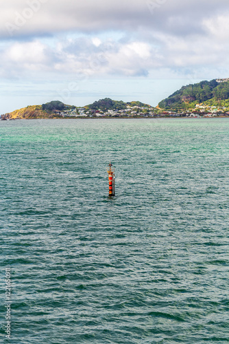 A vibrant red and white navigation buoy stands in the middle of the tranquil ocean waters near Wellington, New Zealand
