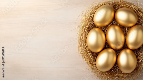 Golden eggs in a nest on light wooden background symbolizing wealth and prosperity photo