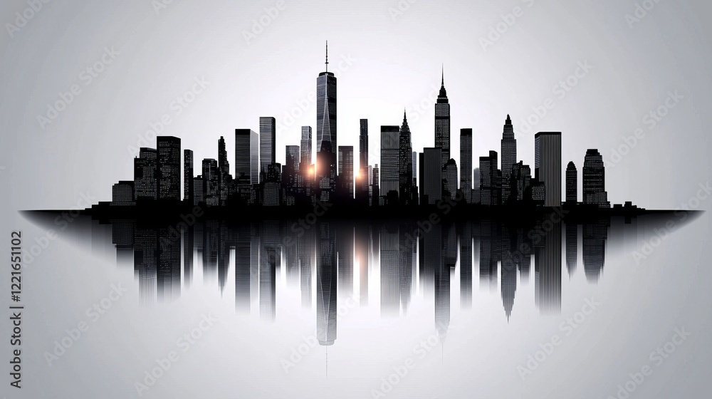 Naklejka premium Monochrome urban skyline silhouette, black vector lines showcasing skyscraper diversity, sharp and clean, isolated on white for multipurpose use