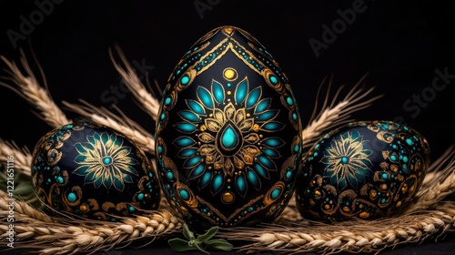 Ornate black and gold easter eggs with intricate patterns and wheat stalks photo