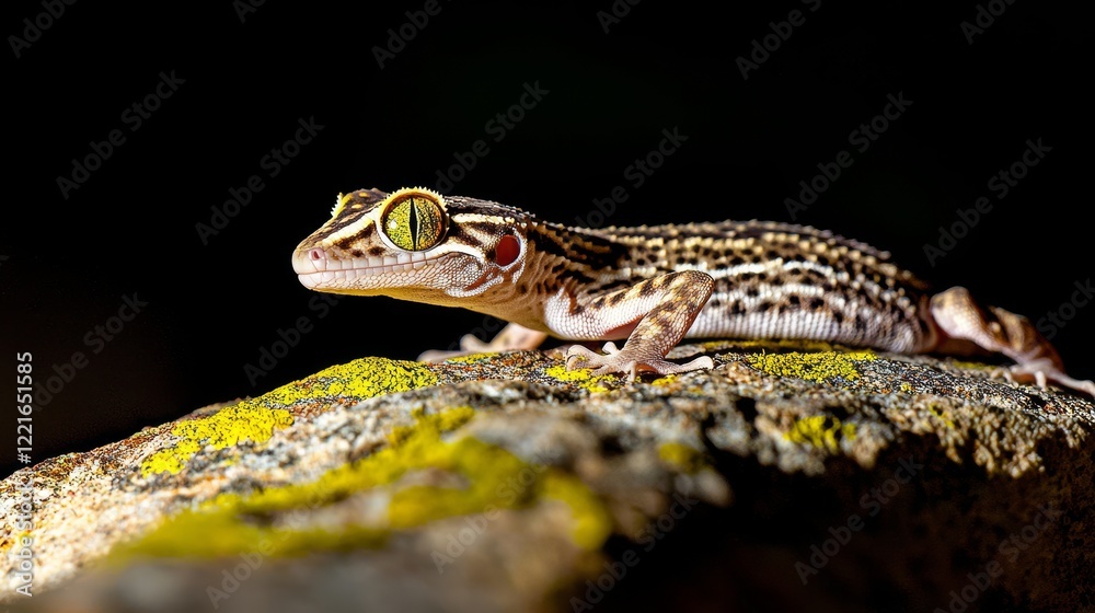 Fototapeta premium Nighttime shot of a gecko vanishing into a moss-covered rock, illuminated by soft moonlight, delicate play of light and shadow on textured surfaces, nocturnal concealment art