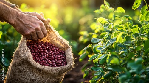 Close-up shot of weathered hands pouring kidney beans into a jute bag, surrounded by flourishing green crops under golden hour lighting photo