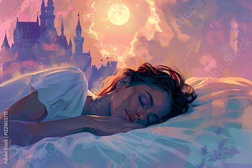 A woman sleeping in a bed with a castle in the background