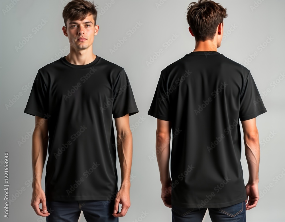 Man wears oversized black t-shirt. Front, back views on model. Casual attire. Blank design template for apparel. Unisex style. Casual, trendy. Loose fit. Simple minimalist fashion. Urban style. Man wears oversized black t-shirt. Front, back views on model. Casual attire. Blank design template for apparel. Unisex style. Casual, trendy. Loose fit. Simple minimalist fashion. Urban style.