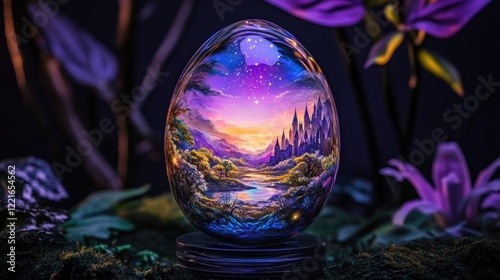 Mystical egg with enchanted forest and castle at twilight in fantasy setting