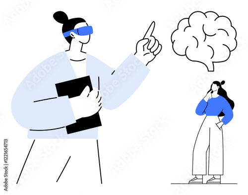 Person with VR glasses pointing at a brain while holding a tablet, another person thinking. Ideal for innovation, technology, virtual learning, education, future, digital revolution, creativity