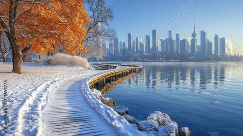 Toronto Skyline Winter Wonderland: A Snowy Lakeside Path