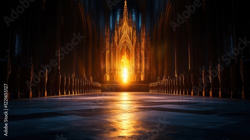 Dramatic sunlit cathedral interior with golden altar and illuminated architectural details