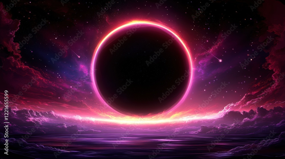 Fototapeta premium Mystical neon eclipse over ocean surrounded by cosmic clouds and comets