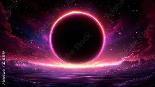 Mystical neon eclipse over ocean surrounded by cosmic clouds and comets