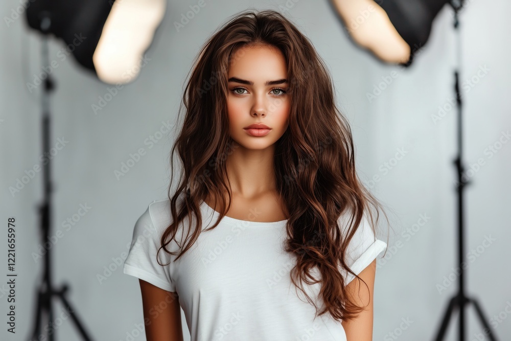 Fototapeta premium Brunette model posing in photo studio with lighting equipment