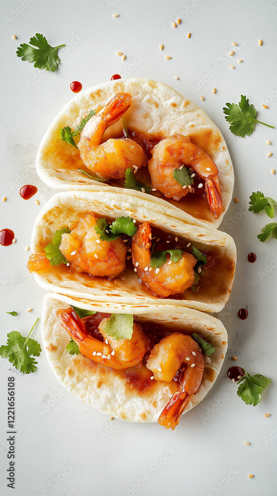 Shrimp tacos with cilantro and text space