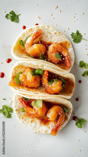 Obraz na płótnie Shrimp tacos with cilantro and text space w salonie