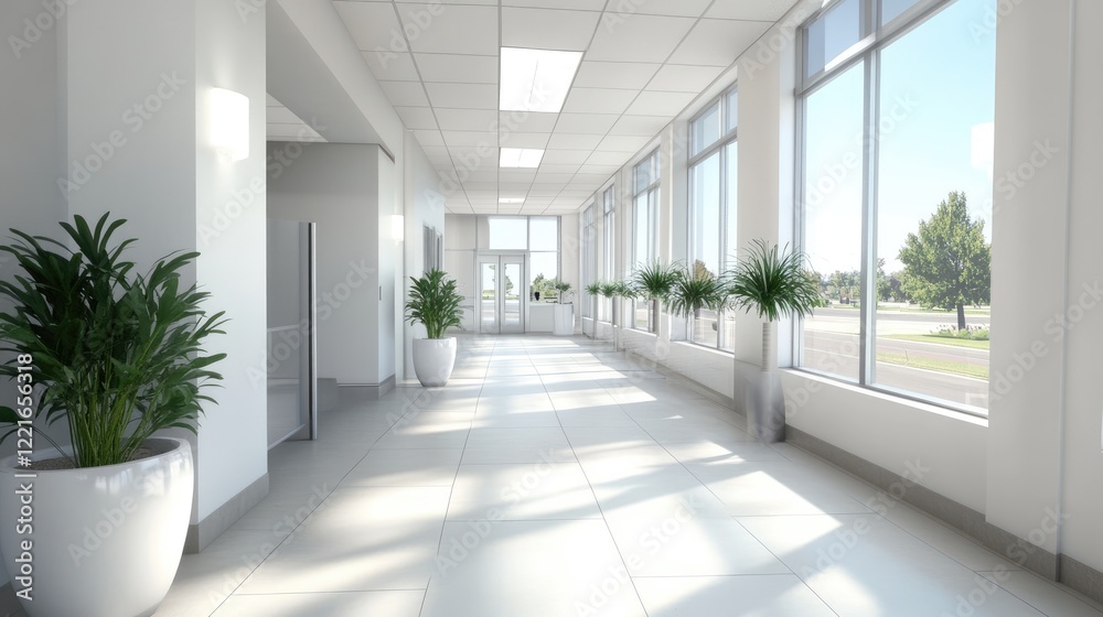 A clean, spacious corridor with tiled floors, large windows, and minimalist design elements. A clean, spacious corridor with tiled floors, large windows, and minimalist design elements.
