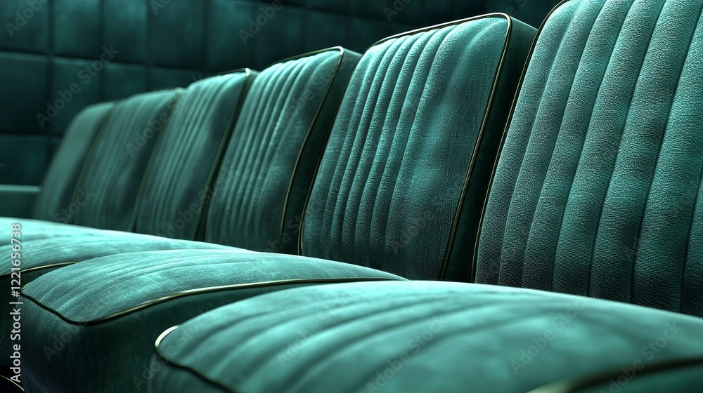 Fototapeta premium Retro-style row of green fabric theater seats, empty and slightly worn, in a dimly lit and atmospheric setting