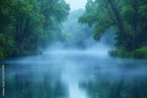 Serene Mist Shrouds Calm River Through Lush Green Trees