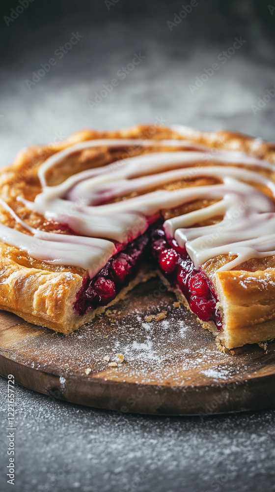 Cherry-filled pastry with vanilla icing and copy space