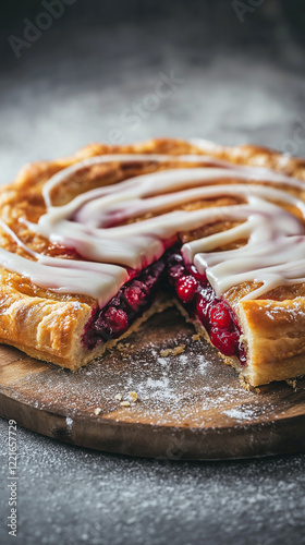 Obraz na płótnie Cherry-filled pastry with vanilla icing and copy space w salonie