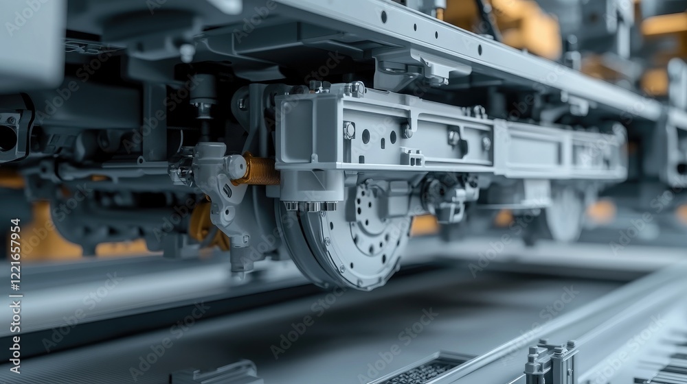 A detailed view of a robotic arm welding the undercarriage of a vehicle frame. A detailed view of a robotic arm welding the undercarriage of a vehicle frame.