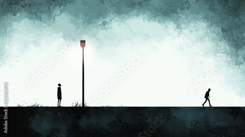 Silhouettes of a woman and a man under a lamppost, creating a serene and contemplative moment in a misty atmosphere.