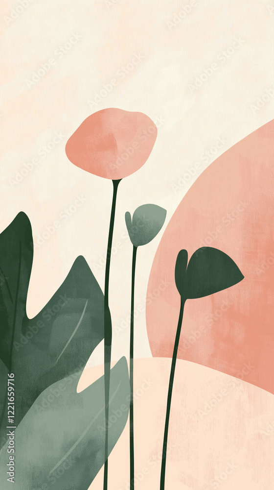Stylized flowers and leaves in pale pink and green vertical