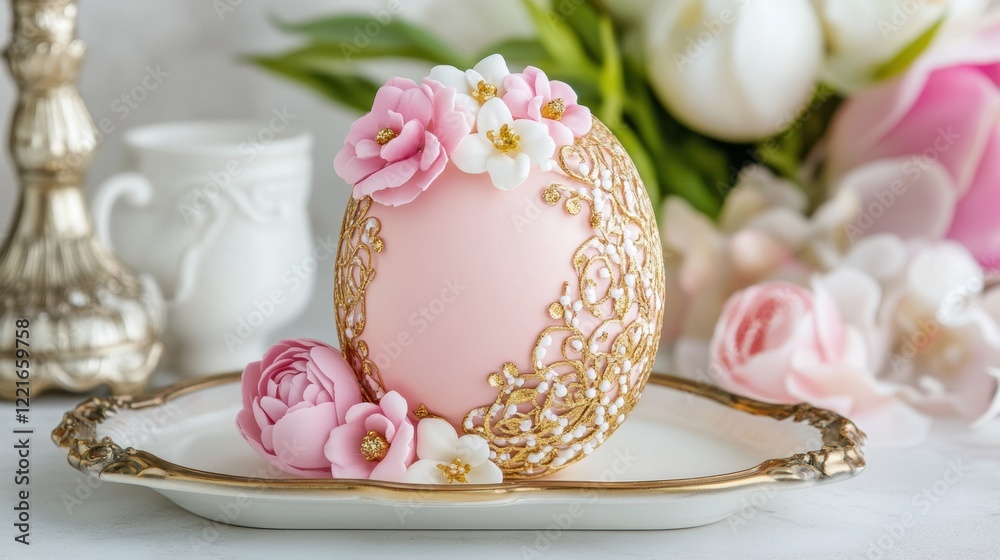 Fototapeta premium Elegant decorative egg with gold floral lace and pink flowers on vintage tray