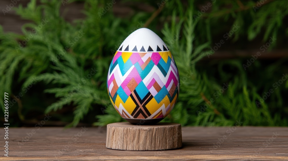 Fototapeta premium Colorful geometric patterned egg on wooden stand with green foliage background