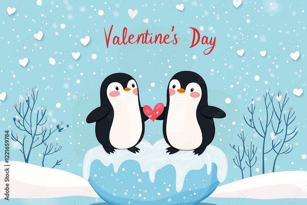 Obraz premium Two cute cartoon penguins atop heart shaped ice floe, greeting card