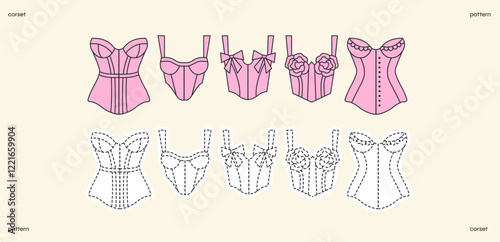 Elegant Corsets Collection: Feminine Vintage Fashion Stickers in Pastel Style. Stylish Vector Illustration for Apparel and Sewing Pattern