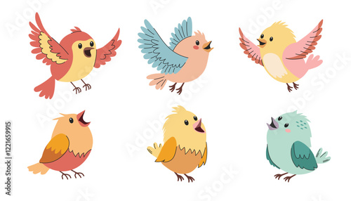 Set of cute birds. A set of flat vector illustrations in children's style. Cute birds sitting and flying 