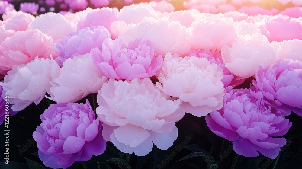 Fototapeta premium Vibrant pink and white peonies in full bloom with soft sunlight
